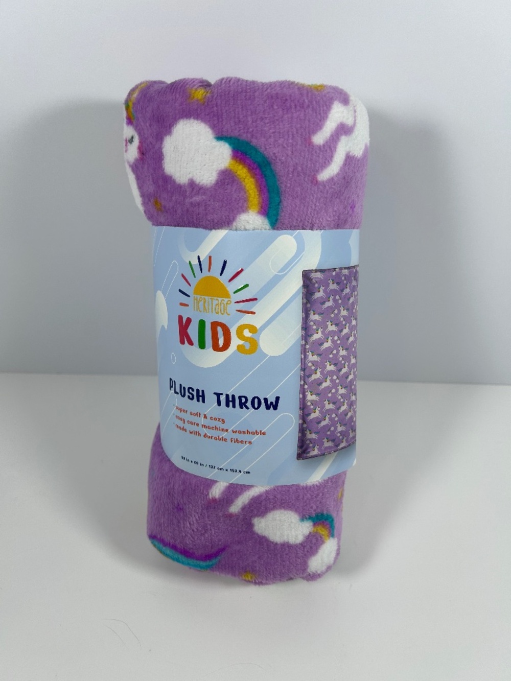 KIDS Plush UNICORN Rainbow cloud throw Blanket Purple colorful 50inx 60in -(NEW)